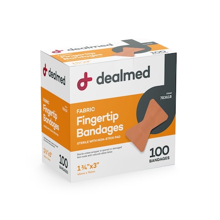 Dealmed Fabric Bandages Sterile, Fingertip, 1-3/4" X 3", 100/Bx, 12/Cs, 1200PK 783618
